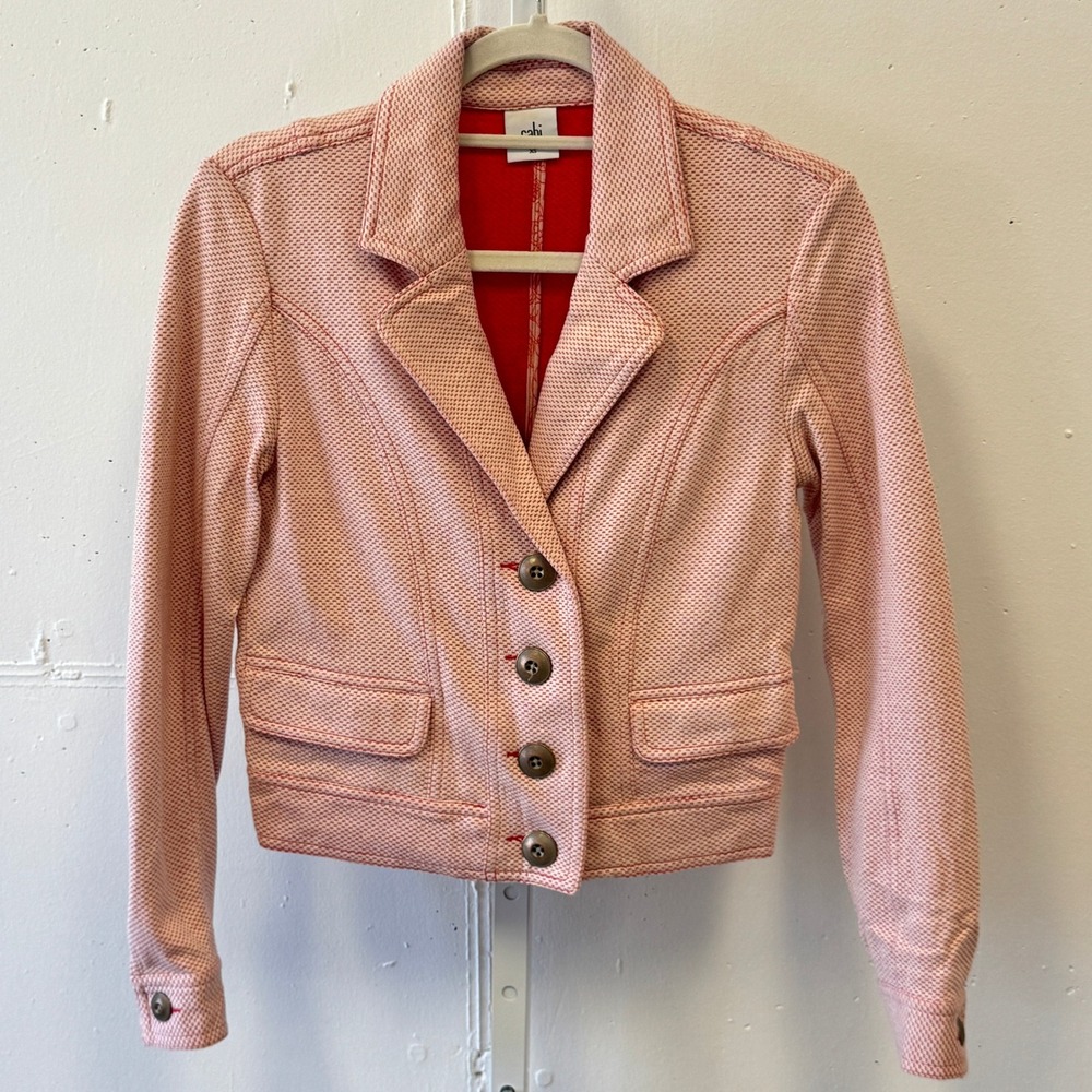 Cabi Red White Textured Knit Crop Jacket Women's XS Notch Lapel Blazer Spring